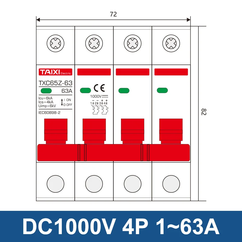 Imagem -03 - Disjuntor Solar Fotovoltaico dc Retardador de Chamas Sobrecarga e Proteção contra Curto-circuito Mcb 1000v 6kv 16a 20a 32a 40a 63a