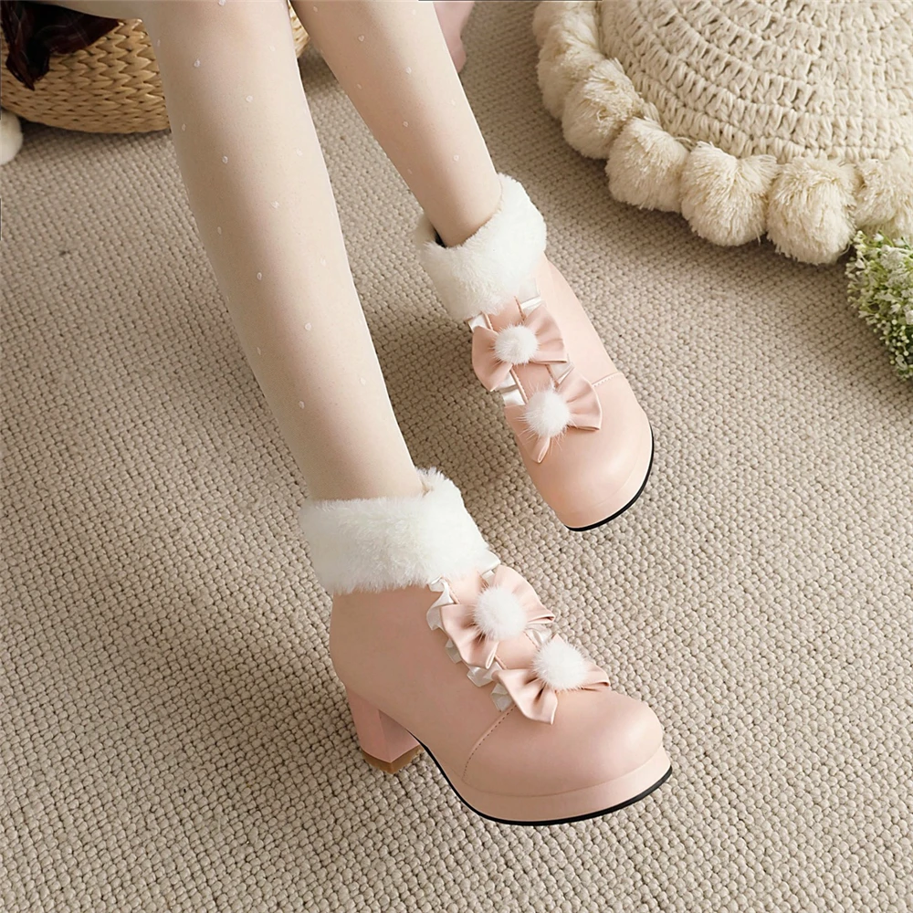 Lolita Girls Winter Boots Pink Women Fur Bowtie Butterfly-Knot Lovely Ladies Ankle Boots Japanese Cosplay Party Wedding Shoes