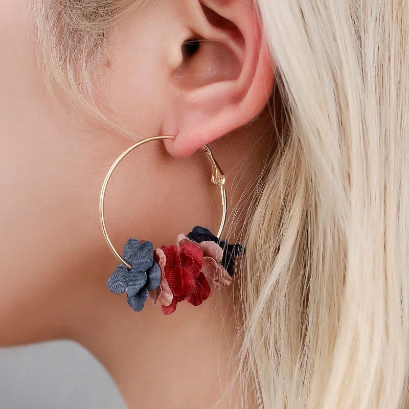 Fabric Flower Drop Earrings for Women Colorful Multi-layers Floral Femlae Dangle Earrings Alloy Circle Clips Bohemian Earrings