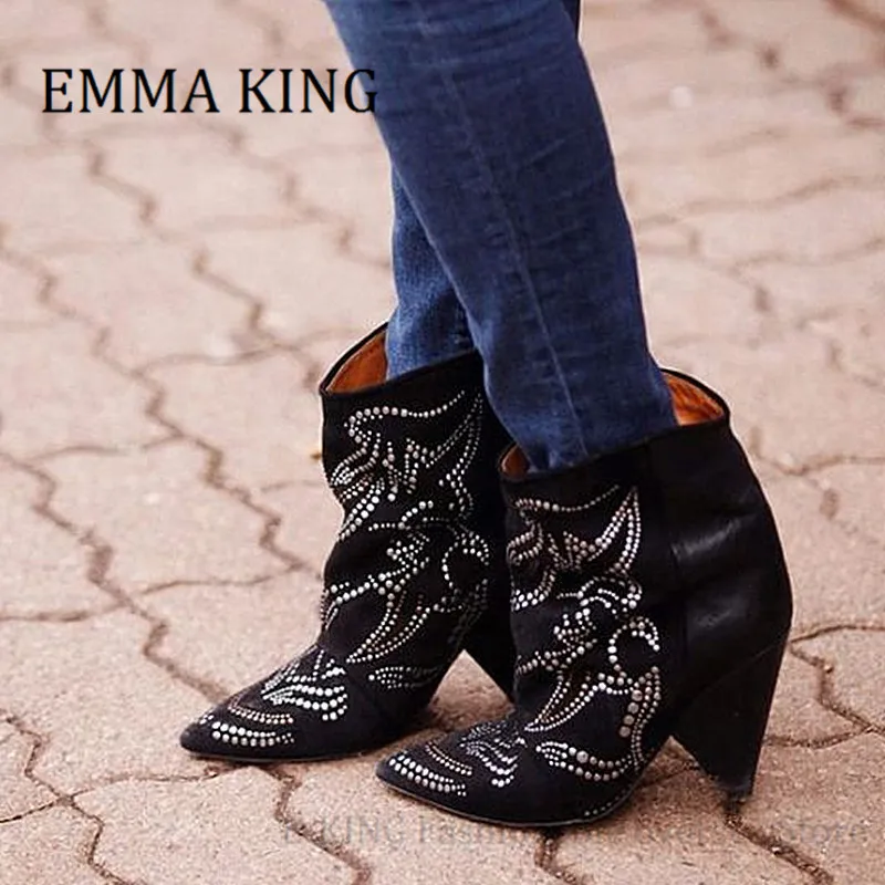 Women Embroidered Suede Ankle Boots Sexy Pointed Toe Spike Heels Cowboy Short Boots Autumn Winter Fashion Dress Botas De Mujer