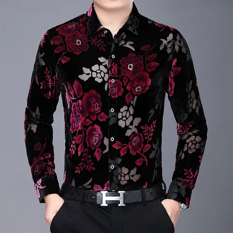 

New Male Floral Dresses Autumn Mens Sexy Transparent Silk Shirts See Through Flowers Hollow Velvet Clothes Long Sleeved