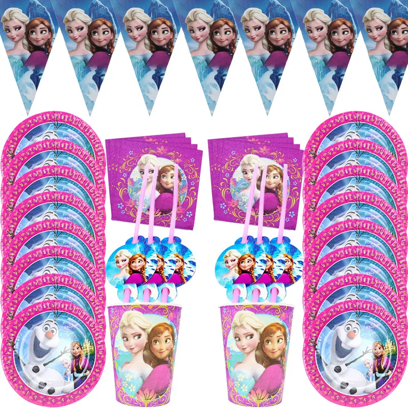 65pcs/lot Disney Elsa Anna Princess Tableware 16 Children Happy Birthday Party Supplies Decor Paper Towel Baby Shower party set