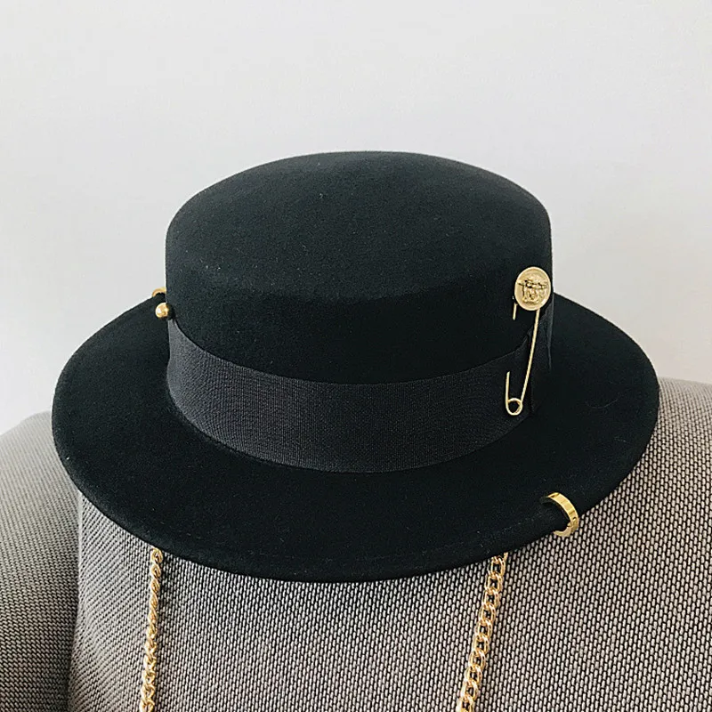 Wide Brim Fedora Hats for Women Dress Hats for Men Black Panama Hat Spring Solid Color Single Side Wool Felt Jazz Fedora Hats