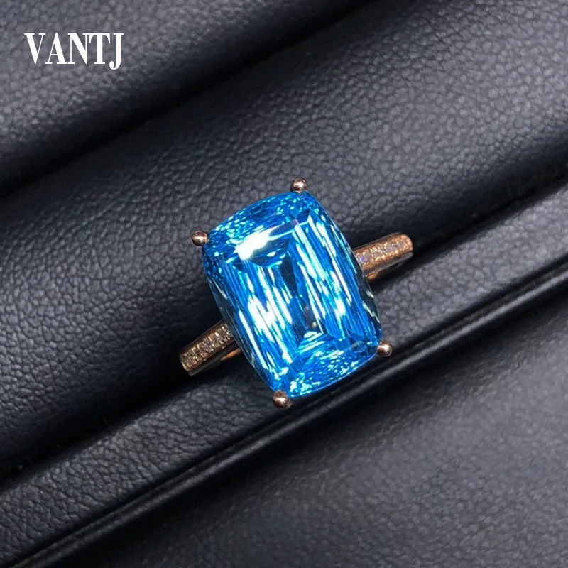 

VANTJ Real14K Rose Gold Ring Sterling Natural Blue Topaz Diamond Fine Jewelry For Women Engagement Wedding Party Gift