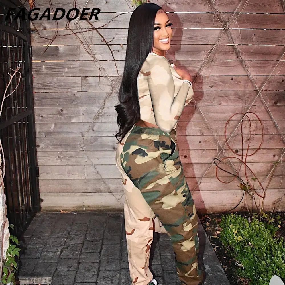 FAGADOER Camouflag Patchwork Two Piece Sets Women Tracksuit  Long Sleeve Pullovers And sweatpants Sets Outfit Fashion Streetwear