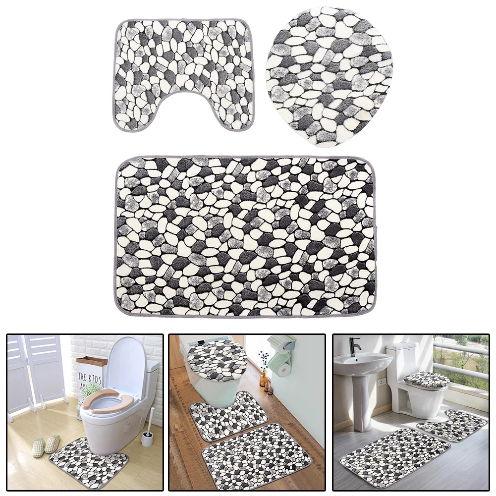 3Pcs/Set Stone Pattern Washable Anti-Slip Bathroom Pedestal Rug Carpet Toilet Lid Cover Bath Mat Set Bathroom Supplies