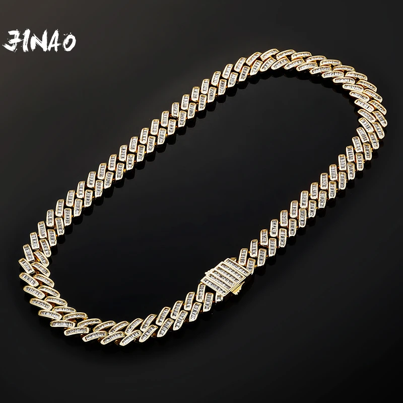 

JINAO 12mm Baguette Prong Cuban Link Necklace AAA+ CZ Iced Out Chain Hip Hop Fashion Luxury Bling White Gold Chain For Gift