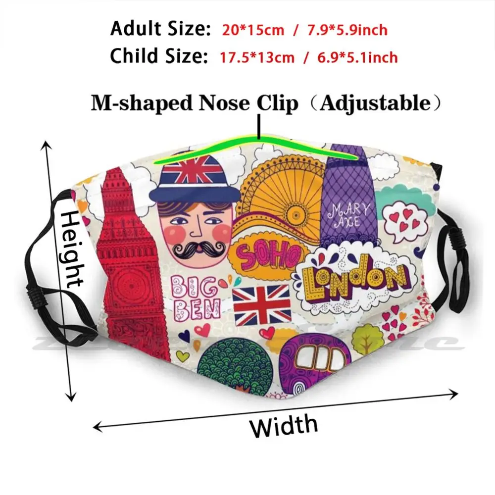 Londen Liefde Masker Volwassen Kind Wasbare Pm2.5 Filter Logo Creativiteit London Uk Gb Groot-brittannië Verenigd Koninkrijk Engeland Big Ben