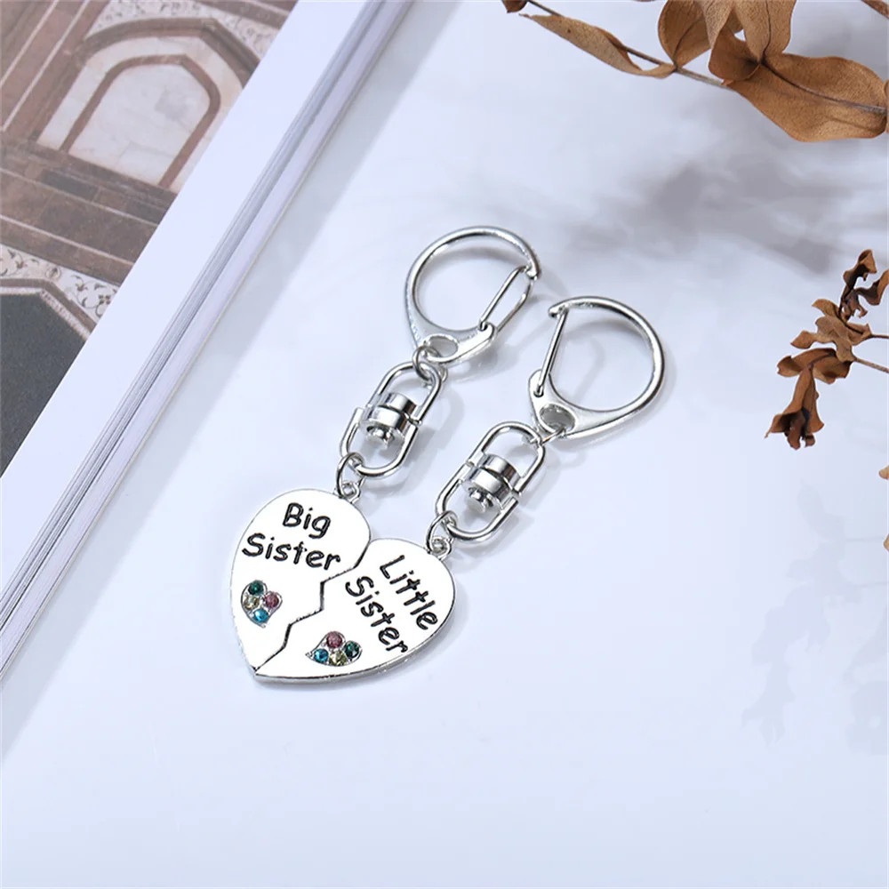 2 Pcs-Set Luxury Big Sister Little Sister Keychain Love Heart Crystal Zinc Alloy Couples Party Jewelry Accessories Gift