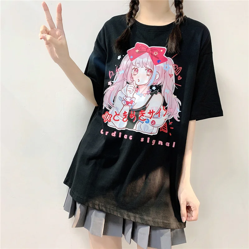 Summer Anime Oversized T-shirt Women Harajuku Kawaii Graphic Tees Girls Cute Tops Short Sleeve Aesthetic Pink T Shirt Black 2021