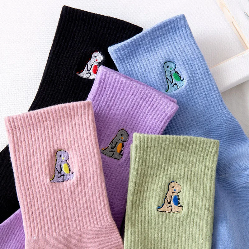 Embroidery Dinosaur Socks Fashion Woman Socks Korea Harajuku Style Kawaii Funny Cartoon Spring Autumn Female Socks Lovely Girl