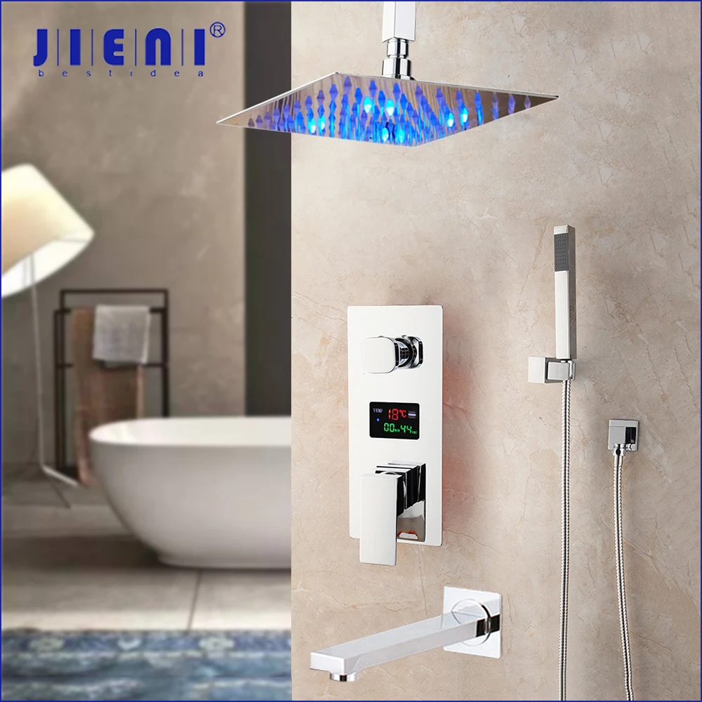 

JIENI Chrome Polished Bathroom Shower Faucet Ceiling Mount Rainfall Shower Head 3 Funcs Digital Display Mixer Shower Faucet Set