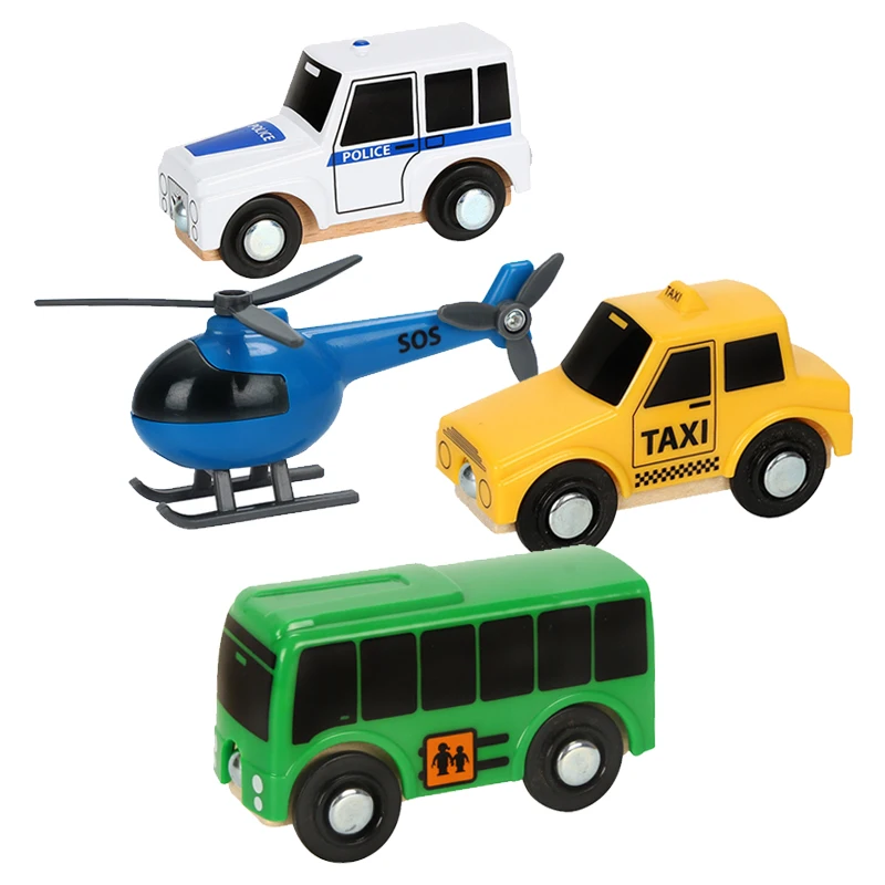 

4pcs Train Set Kids Toy Car Magnetically Absorbing Connection Airplane Taxi School Bus Compatible Wooden Track Push Toy PD48