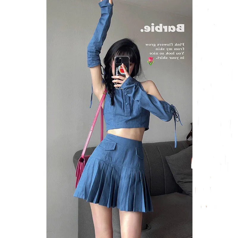 

Denim Suit Women Skirt 2021 Summer New Simple Slim Short Cropped Navel Top and High Waist Pleated Skirts Two Piece Outfits Set