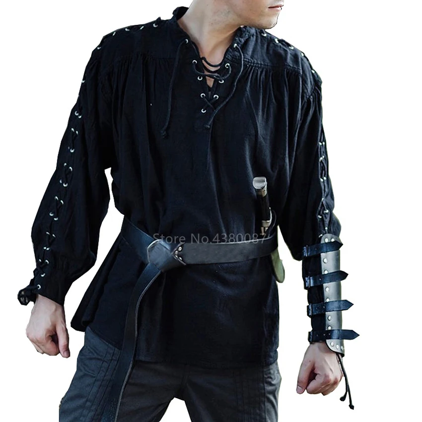 Men Medieval Renaissance Grooms Pirate Reenactment Larp Costume Lacing Up Shirt Vintage Bandage Top Middle Age Clothing