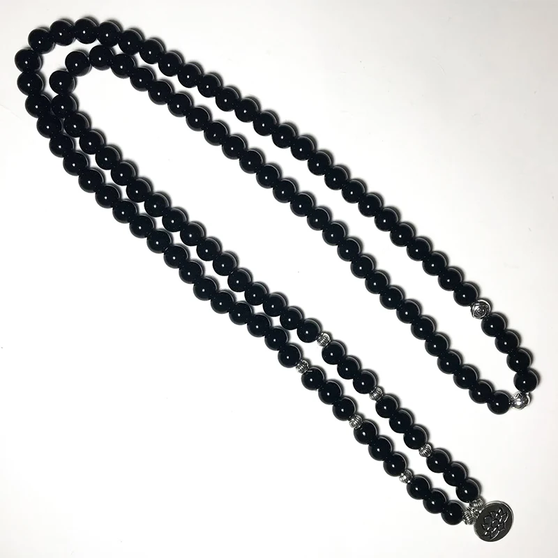 108 Mala 8mm Black Onyx Beaded Elastic Wrap Bracelet Meditation Yoga Healing Jewelry Men and Women Charm Bangle Lotus OM Amulet