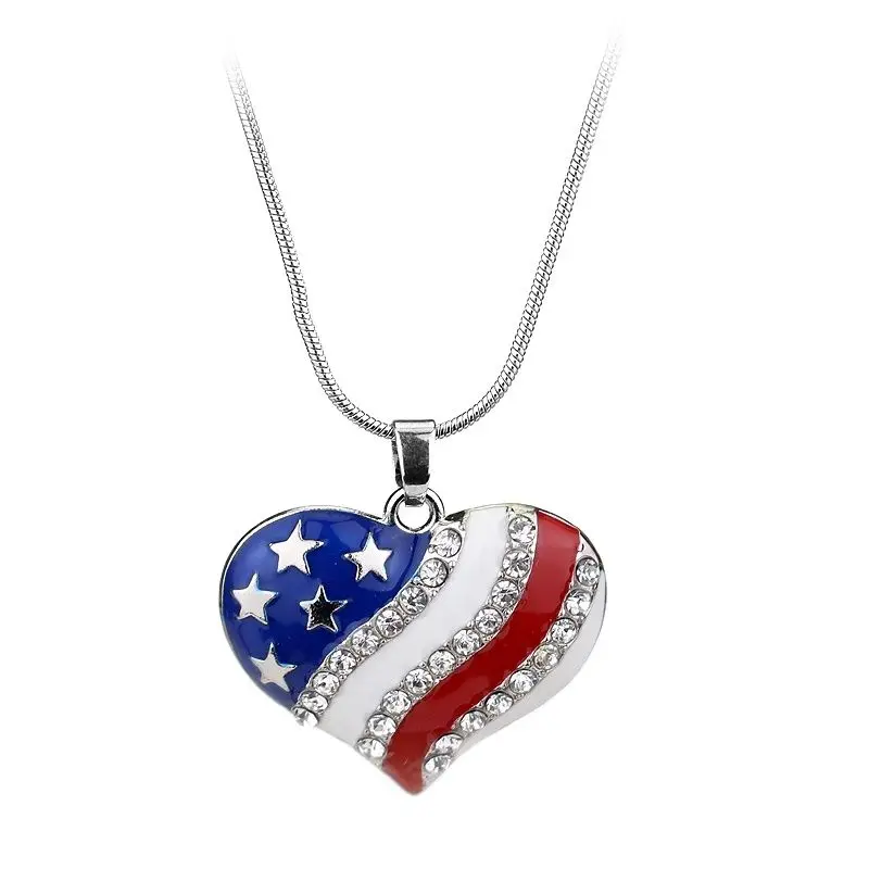 USA American Flag Enamel Blue and Red Crystal Rhinestone Heart Patriotic 4th of July Independence Day Patriot Pendant Necklace