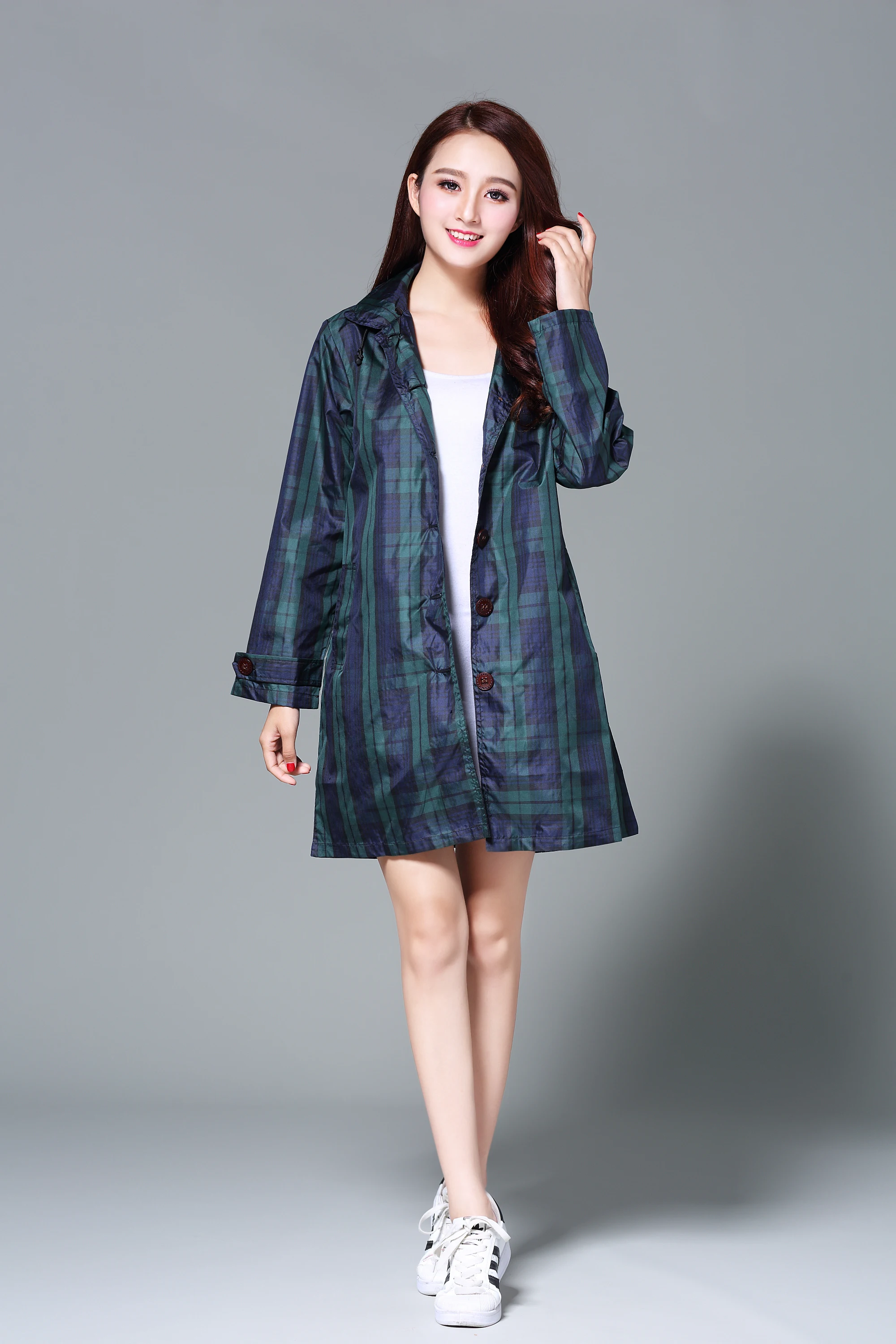 Thin Breathable Cute Long Raincoat Women Fashion Rain Cover Poncho Autumn And Winter Plaid Trench Coat