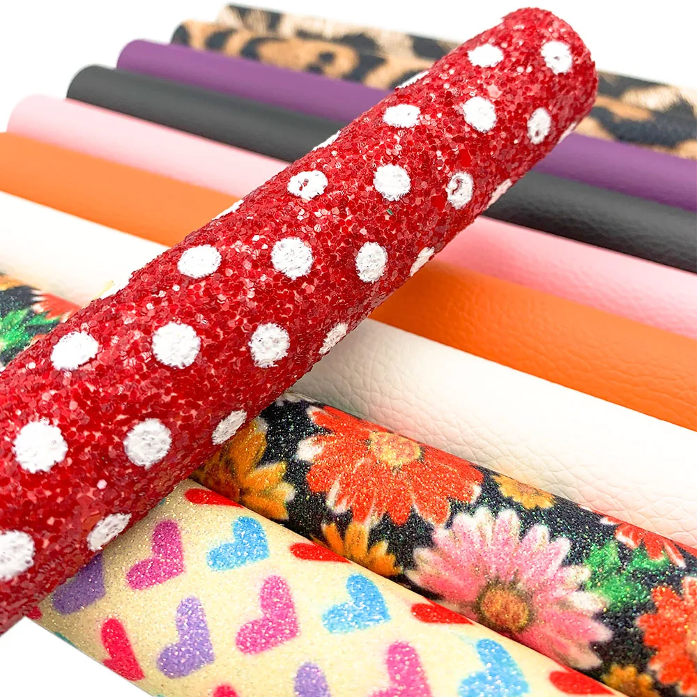 10pcs/Set PU Leathere Fabric Polka DotDaisy Leopard Print Flowers Candy Vinyl Sparkle DIY Bag Bows Earring Widget Case Making A5