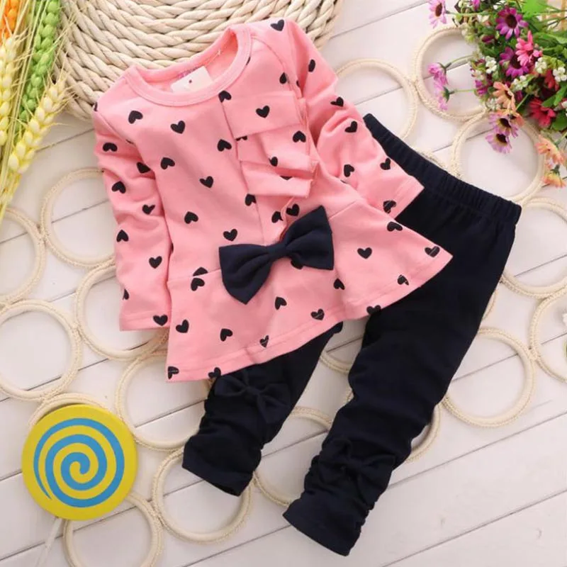 New Spring Autumn Girls Clothes Set Children Long Sleeve O-Neck Tops Pants 2pcs Kids Fashion Casual Bow For Baby Letter Outfit