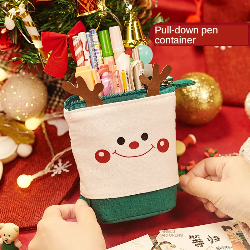 Imagem -02 - Caixa de Lápis de Natal Pull-down Scaling Bolsa de Lápis de Grande Capacidade Multifuncional Canvas Cutepencil Casepen Titular