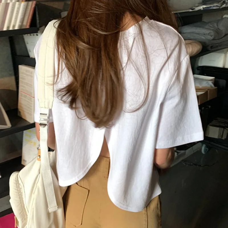 Loose Large Size T-shirt Female Round Neck Short Sleeve Bottoming Shirt Backless Doll Shirt Short White Student Casual Shirts