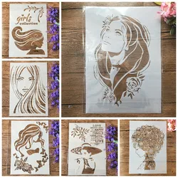 6 pçs a4 29cm beleza cabelo longo senhora menina diy estênceis em camadas pintura scrapbook colorir gravação álbum modelo decorativo