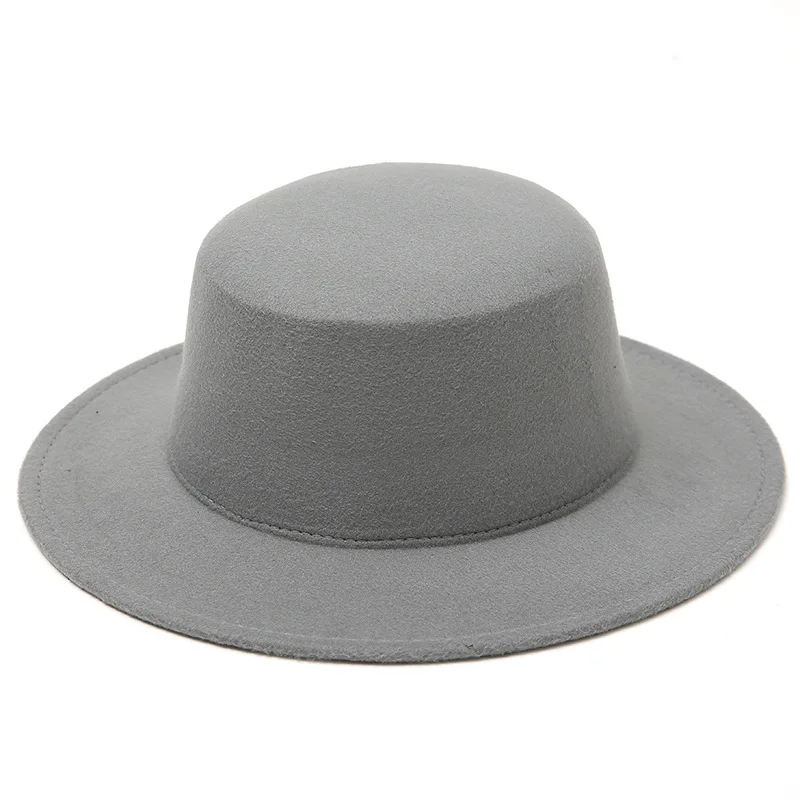 Flat Top Fedora Hats for Women Solid Color Imitation Wool Jazz Cap Wide Brim Ladies Elegant Round Caps Bowler Hats