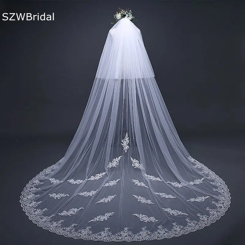 Cathedral Wedding Veils Two Layers with Comb Lace Applique Matrimonio boda Wedding accessories welon Wedding Veil