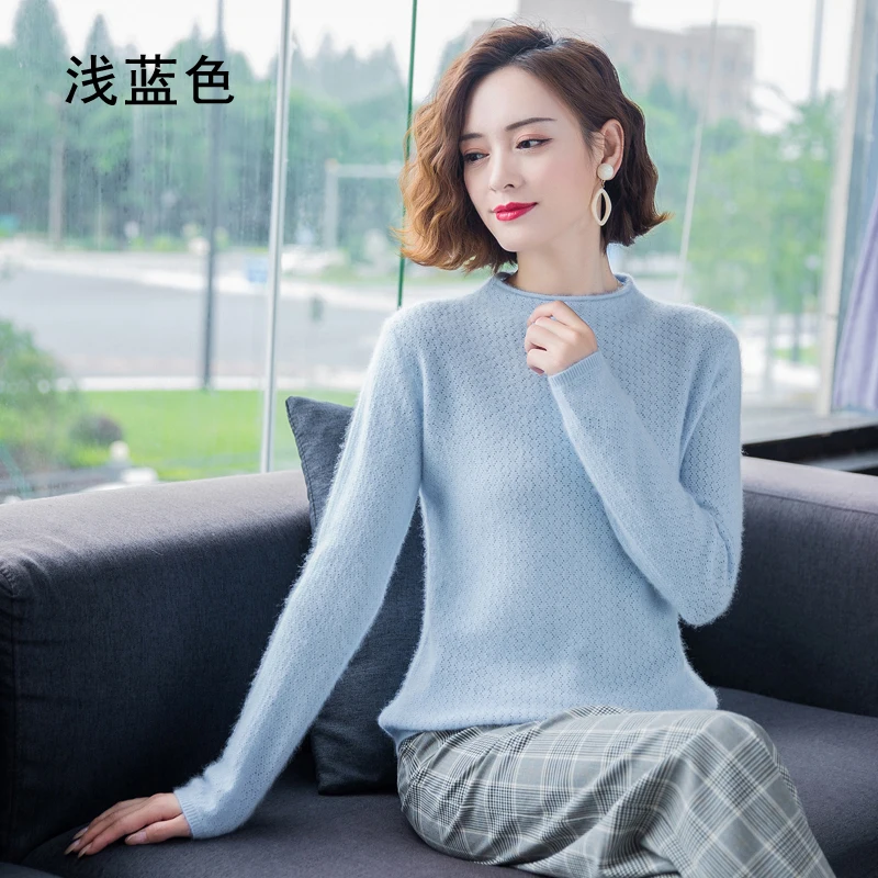 New Autumn Round Neck 100%Pure Mink Cashmere Sweater Women Short Loose Knit Base Shirt Long-Sleeve Hollow Blouse Warm Pullover