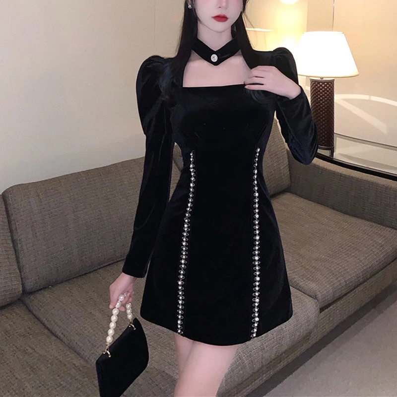 Sexy Schwarz Samt Mini Kleid Frauen Elegante Aushöhlen Diamant Abend Party Kleid Vintage Beiläufige Dünne Gothic Einteiliges Kleid y2K