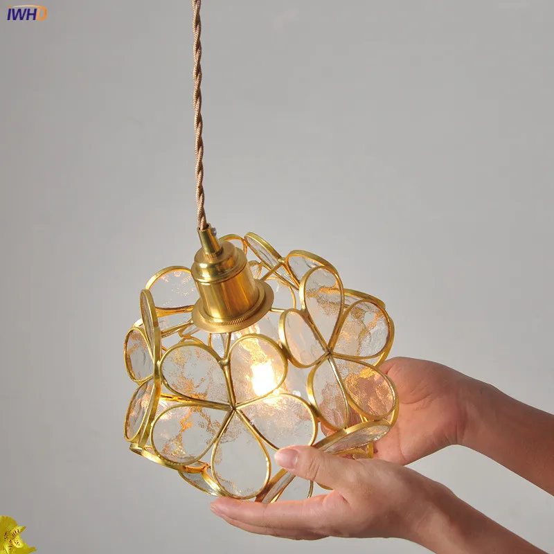 IWHD Nordic Flower Copper Pendant Lighting Fixtures Bedroom Dinning Living Room Glass LED Pendant Light Fixtures Luminaria