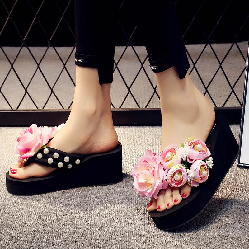 5CM High Heel Women Summer Slipper Female Sequined Flower Flip Flop Holiday Breathable Non-Slip Slippers Outdoor Beach Shoes