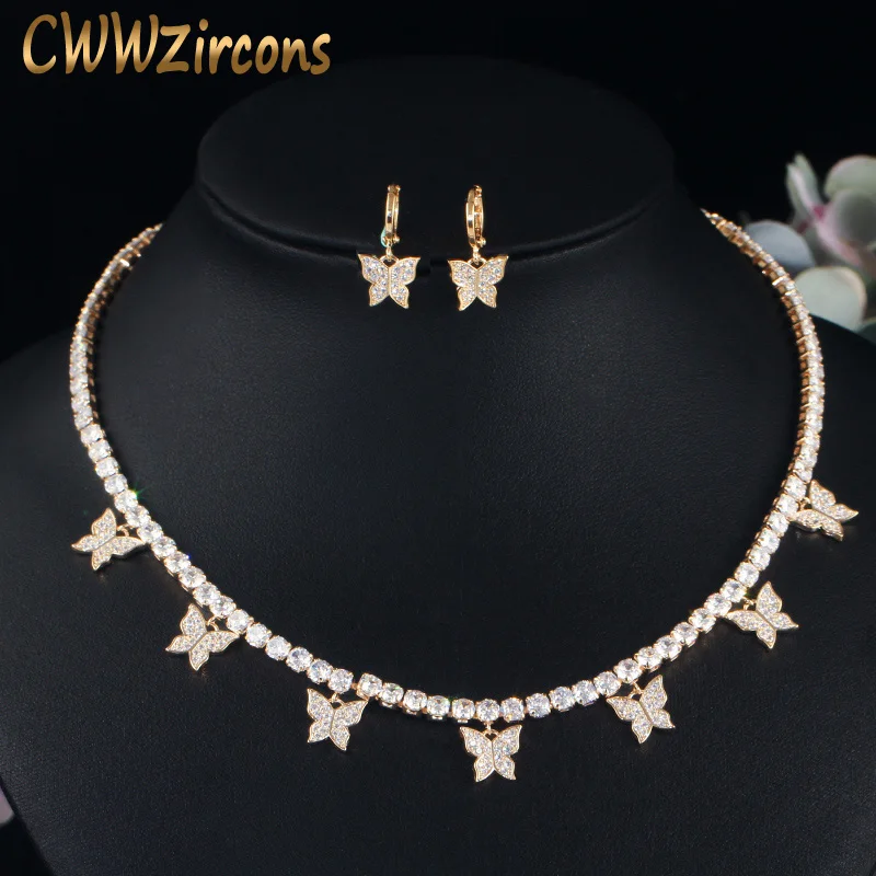 CWWZircons 585 Gold Color Dangle Drop CZ Butterfly Charm Earrings and Choker Necklace Trendy Women Party Boho Jewelry Set T447