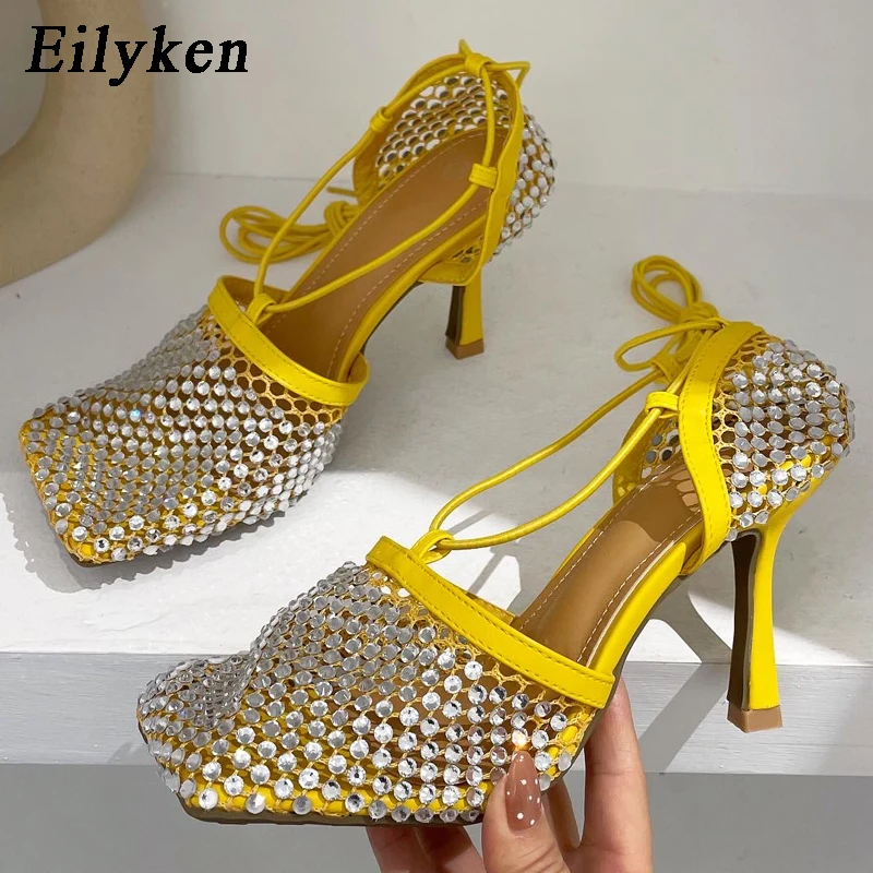 Eilyken Green Yellow Crystal Women Pumps punta quadrata Fishnet Hollow caviglia Cross-Tied tacco alto sandali con strass Lady Dress Shoe