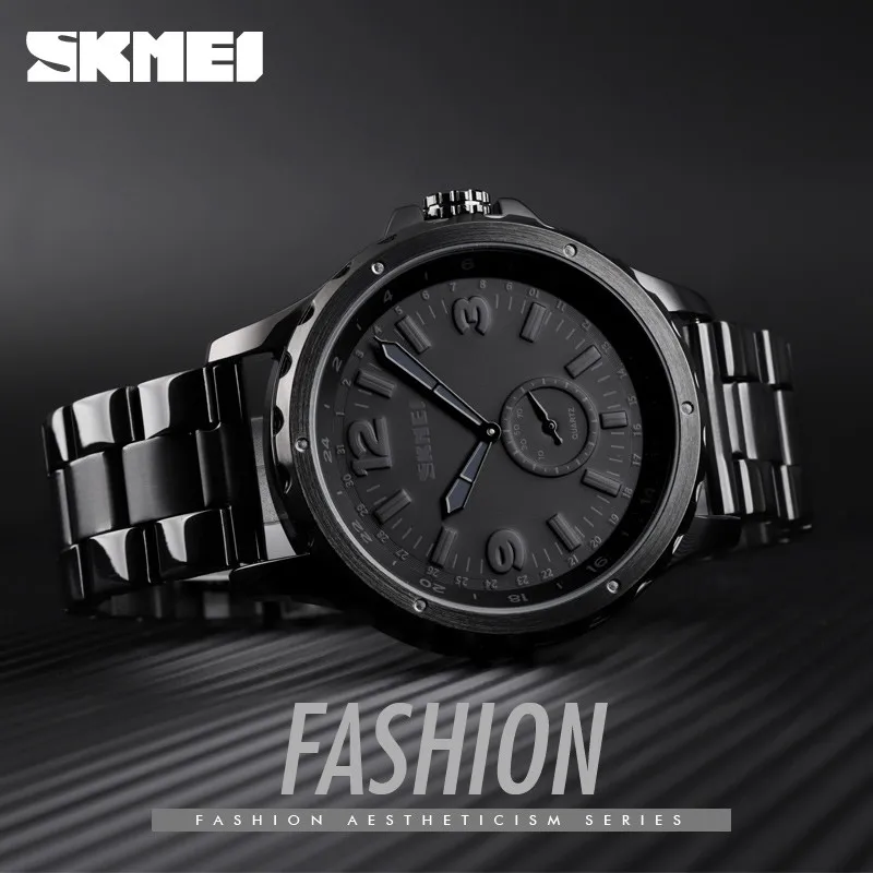 SKMEI Pria Jam Tangan Atas Merek Mewah Quartz Watch Klasik Kasual Hitam Penuh Baja Jam Tangan untuk Pria Relogio Masculino