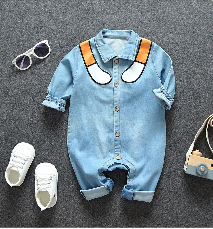 Spring Autumn Newborn Baby Hooded Romper Jumpsuit Long Sleeve Denim Blue Bodysuit with Pockets Outfits