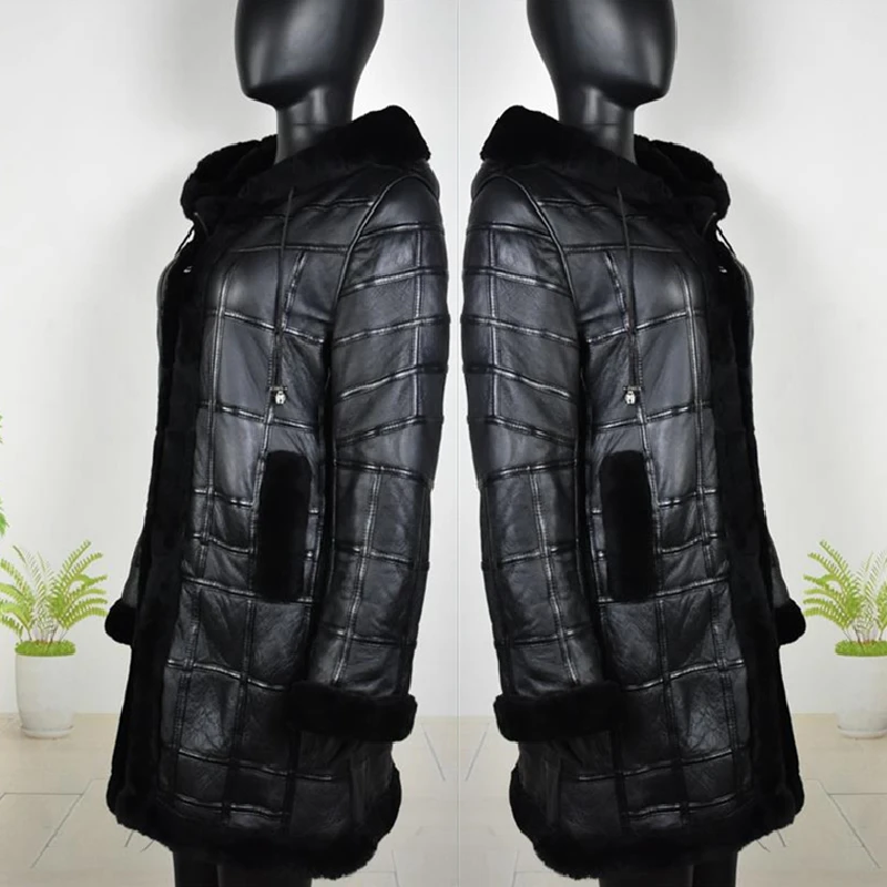 Real Sheep Skin Fur Splicing Winter Extended Tops Warm Leather Coat Women Vest New Clothing Hat Sheepskin Long