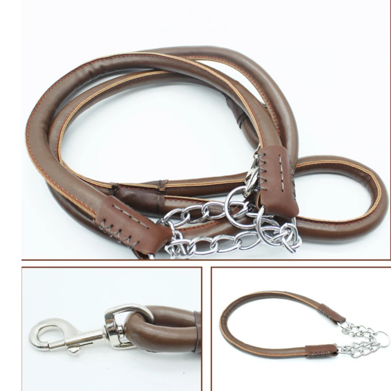 Pet Dog Leash Real PU Leather Cowhide Traction Rope Collar Dedicated Dogs Collars Leashes Chain For Large Dogs Round leather