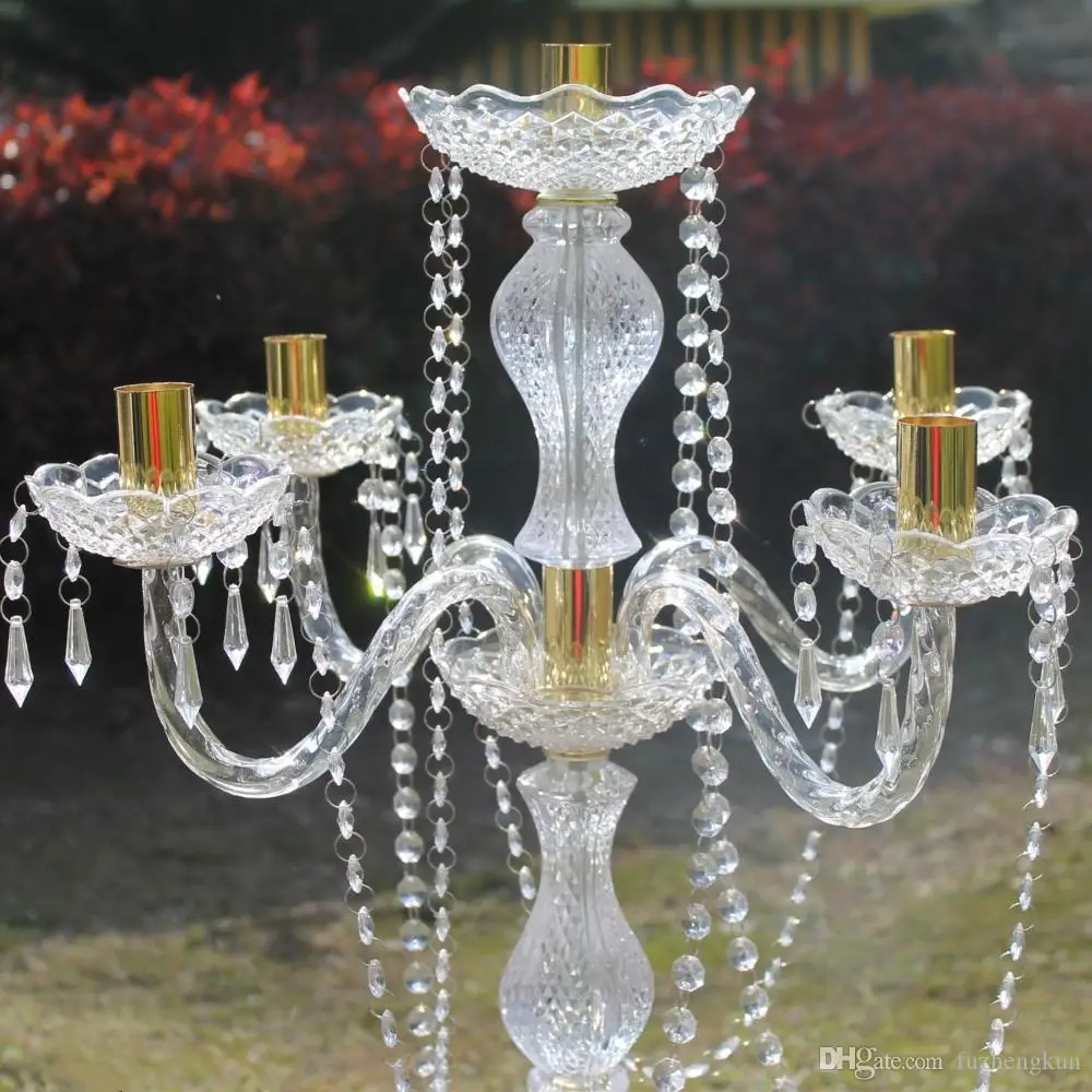 12pcs)88cm  Acrylic 5-arms golden color metal candelabras with crystal pendants wedding candle holder centerpiece 1 sen2108