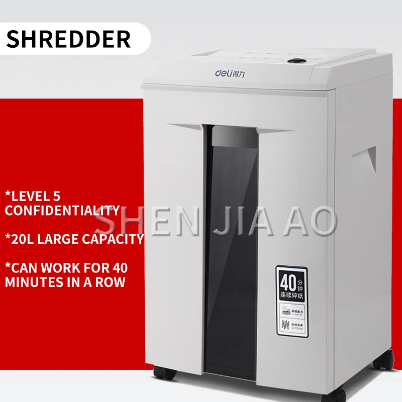 20L Electric Shredder 2*12mm High Power 5 Level Secret Continuous 40 Minutes Work Office Home Paper Grinder Crusher Destroyer