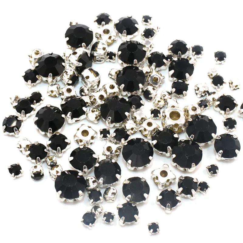 New Hot sale Garment beads 100pcs/pack Mixed size Black glass crystal sliver base sew on rhinestones diy clothing accessories