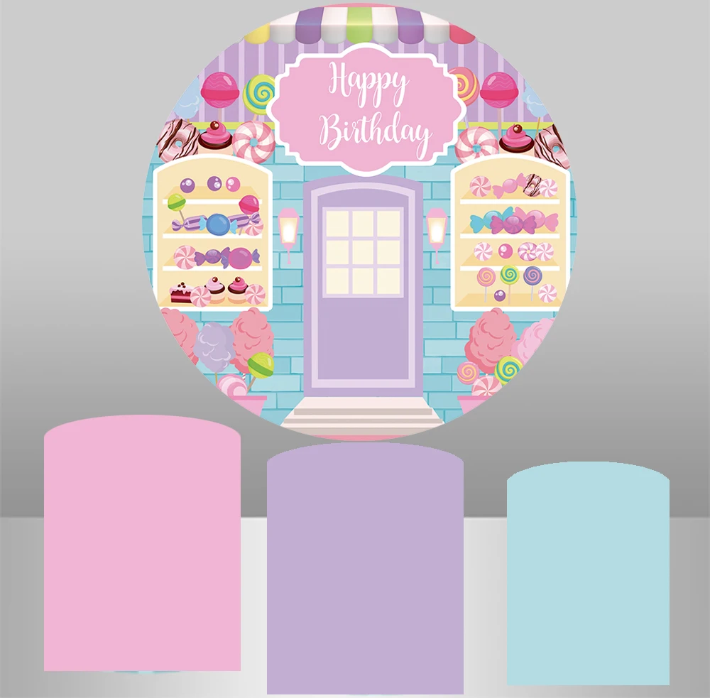 

Candy House Backdrop Girl Birthday Party Decoration Round Circle cylinder column covers Fabric Photocall Baby Shower YY- 499