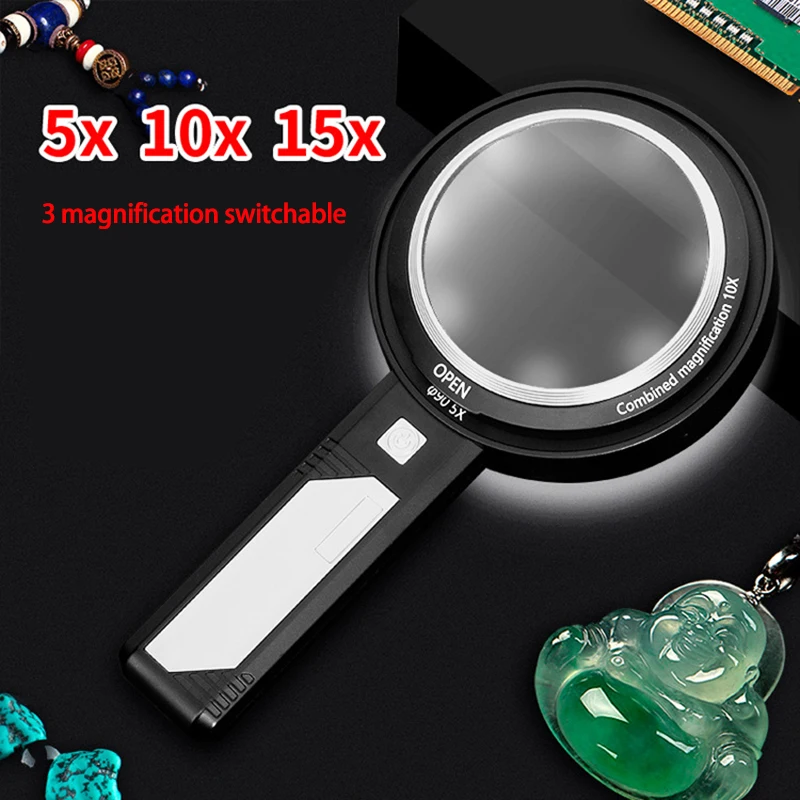 Handheld Magnifying Glass With 8 Led Lights, 5X 10X 15X Rechargeable Magnifier for Reading Seniors Jewelry Collecting Research