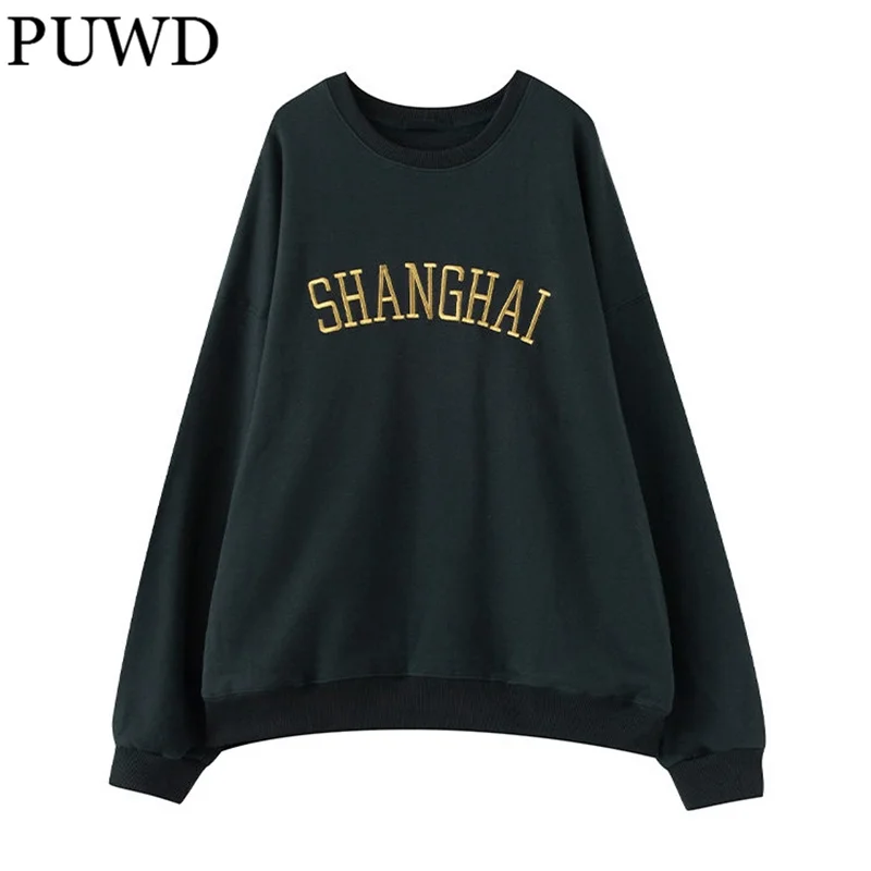 

PUWD Vintage Women Letter Embroidery Oversize Sweatshirt 2022 Autumn Fashion Ladies O Neck Streetwear Pullovers Girls Chic Tops