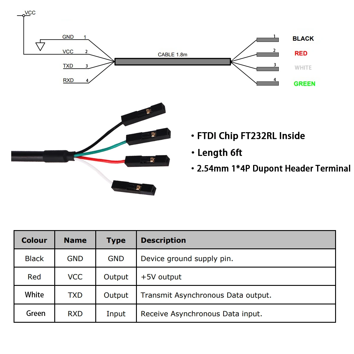 Cabo conversor de terminal de 4 pinos, ftdi flash, usb, 4 vias, 0.1 ''2.54mm