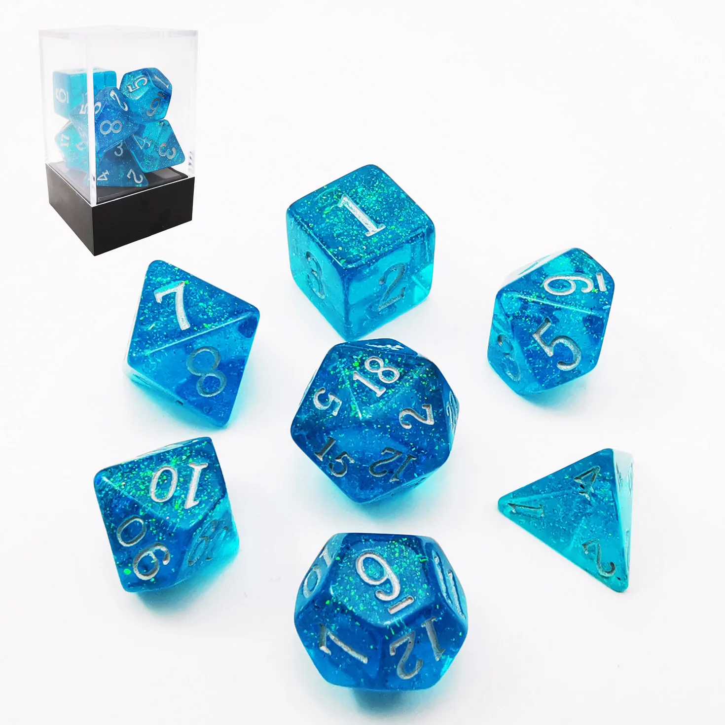 Bescon Blue Shimmery Dice Set,  Polyhedral RPG Game 7-dice Set in Brick Box Packing