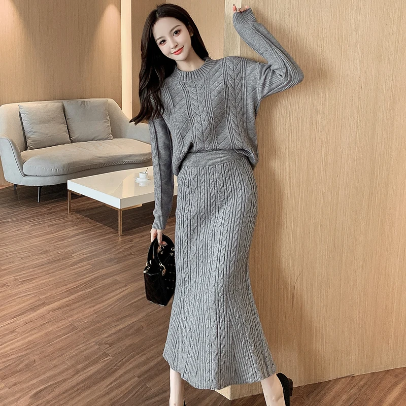 

New Autumn Winter Two Piece Set Tracksuit Women Elegant Hemp Flower Knitted Sweater+High Waist Knit Mermaid Skirt Ladies Outfits