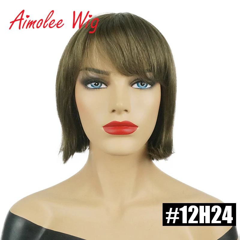 Aimolee Short Straight Bob Style Wigs with Bangs Brown Black Blonde Highlights Human Hair Blend Synthetic Wigs for Women