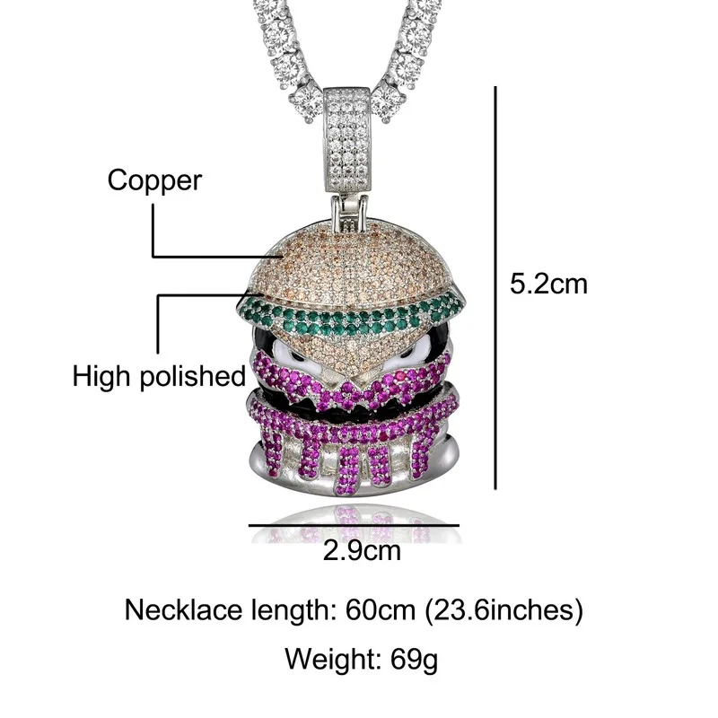 Gold Silver Color Iced Out Necklaces Fashion AAA Zircon Pendant Hamburger Pendants Jewelry Mens Hiphop Chains Drop Shipping